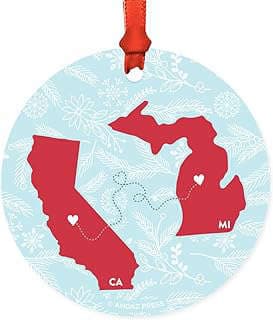 Image of Andaz Press Round Keepsake Christmas Ornament Long Distance Gift, California and Michigan, Winter Blue and Red, 1-Pack, Metal Moving Away Graduation University College Gifts for Him Her Relationships by the company Andaz Press.