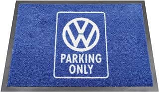 Image of BRISA VW Collection - Volkswagen Foot Mat Doormat Rug Shoe Dirt Trapper with Beetle, T1, T2, T3 Bus, GTI Motif (VW/Parking Only/Blue) by the company BRISA Inc..