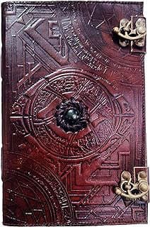 Image of DOCTOR STRANGE Eye of Agamotto embossed Handmade Stone Leather Journal Art Sketchbook Travel diary with Vintage lock Latch by the company Leather and Stitches.