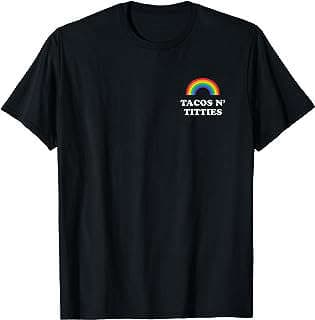 Imagen de Camiseta humor LGBTQ "Tacos Titties" de la empresa Amazon.com.